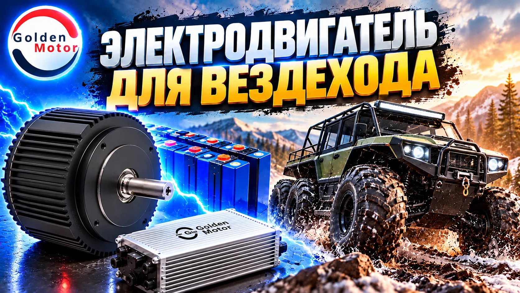 Обложка статьи об электродвигателе для вездехода: тяговый мотор, аккумуляторная батарея, контроллер и вездеход на бездорожье