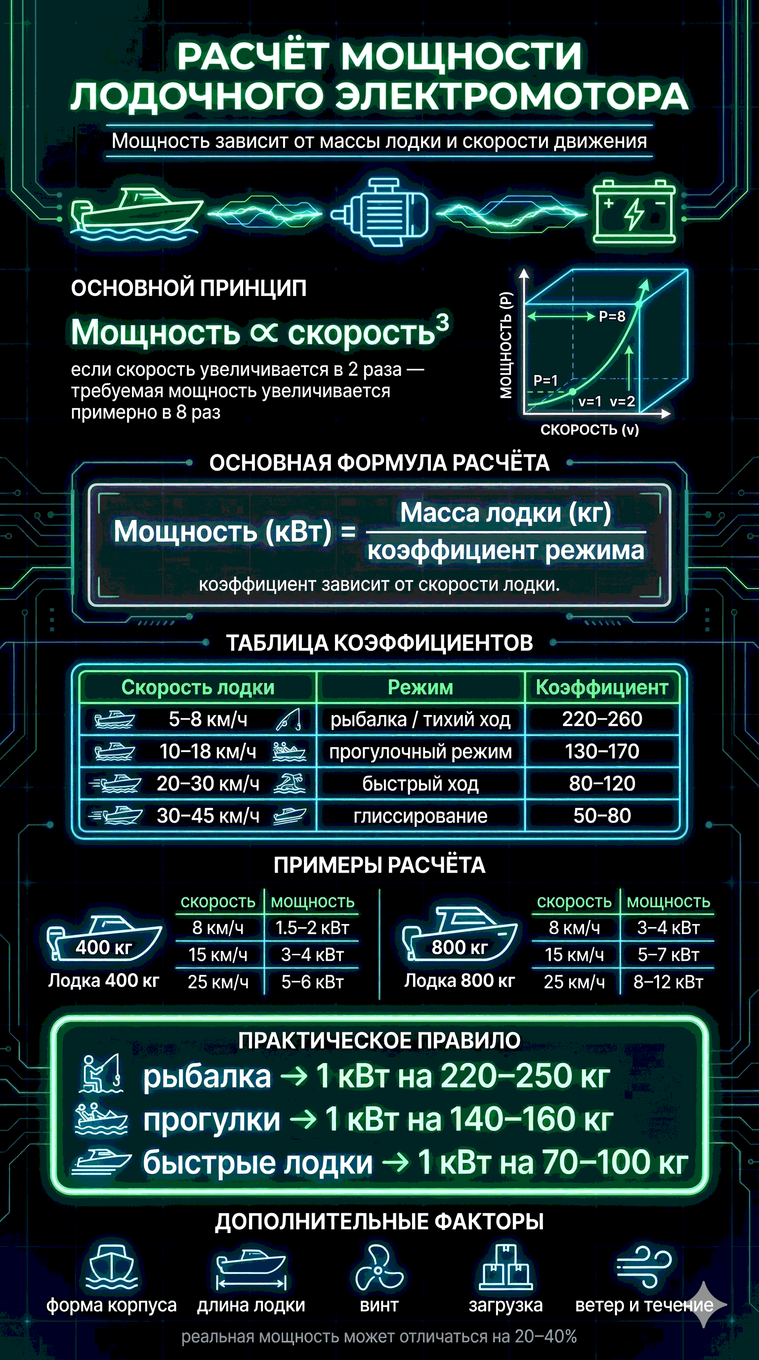 Инфографика: Расчет мощности лодочного электромотора
