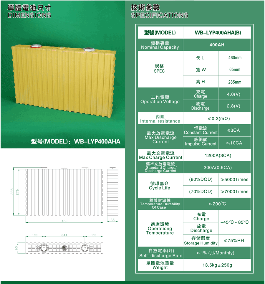 Аккумулятор WB-LYP400AHA, 3,2В-400А*ч Аккумулятор WB-LYP400AHA, 3,2В-400А*ч