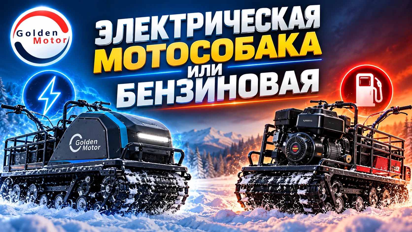 Обложка статьи: электрическая мотособака Golden Motor и бензиновая мотособака рядом на заснеженном поле