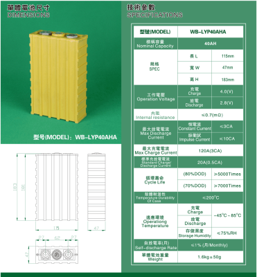 Аккумулятор WB-LYP40AHA, 3,2В-40Ач