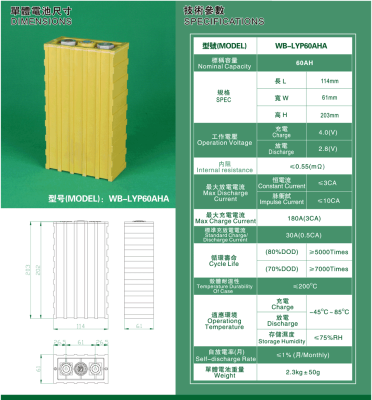 Аккумулятор WB-LYP60AHA, 3,2В-60Ач